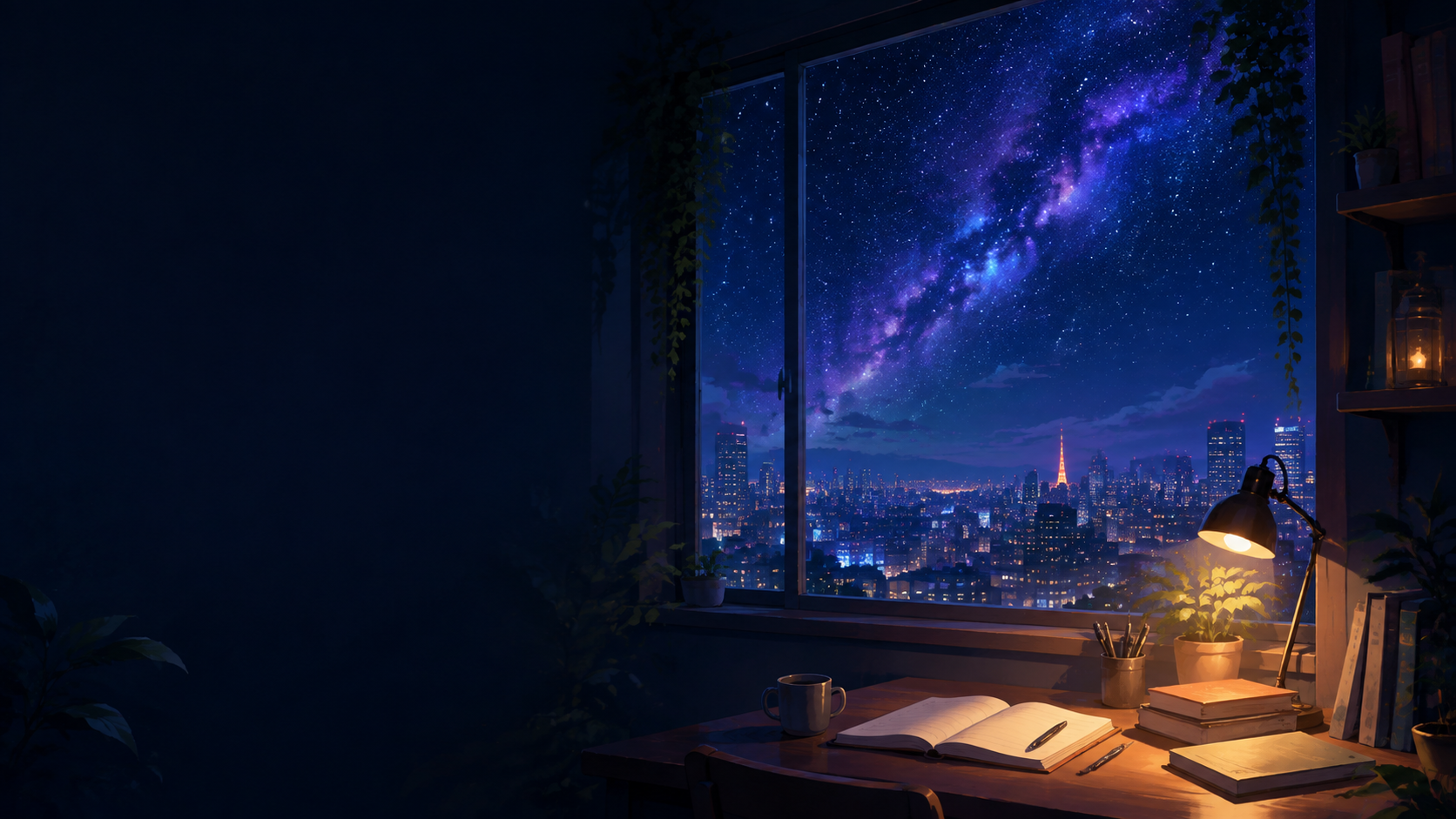 夜空下亮着台灯的阅读角